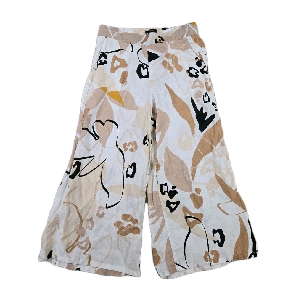 Tahari Linen Wide Leg Pants White Beige Tan Floral Baggy Stretch Pockets Resort